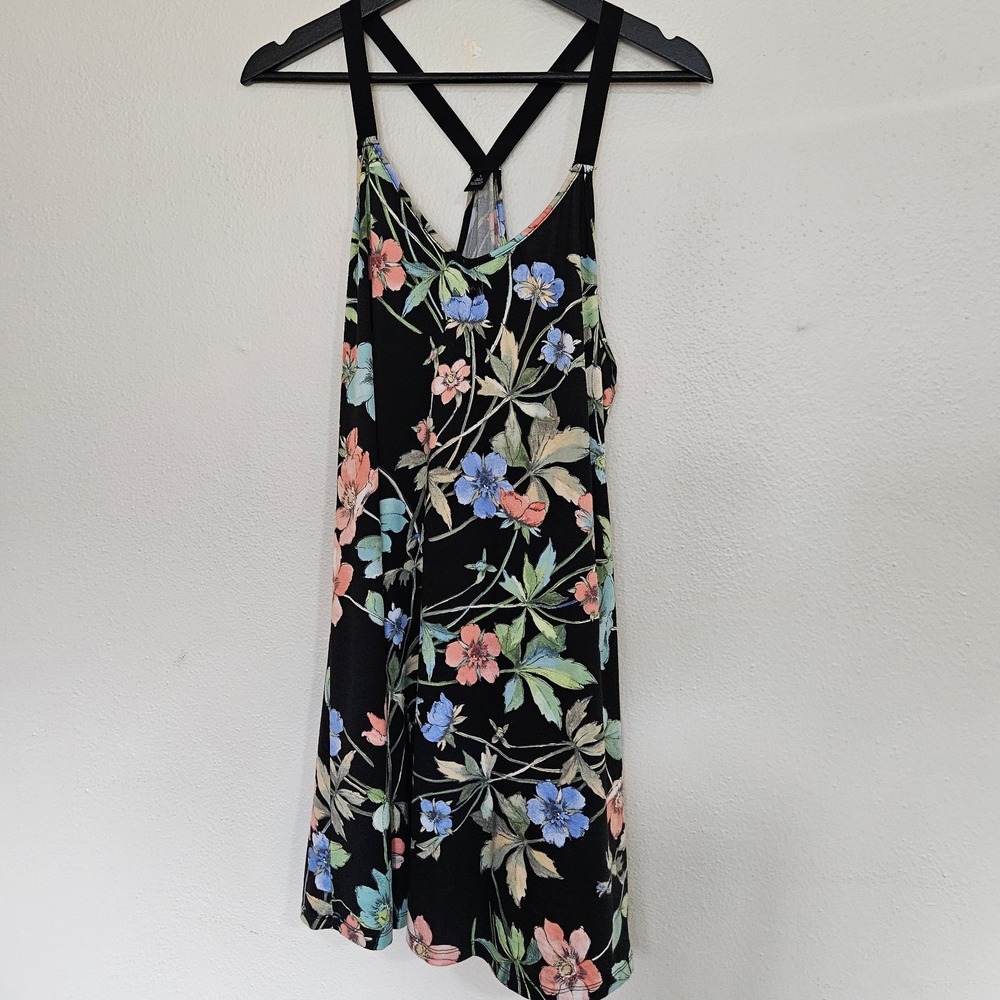 Floral Racerback Strappy Mini Dress Black Stretch Sleeveless Sun Dress Large